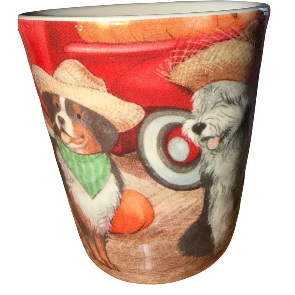 Pier 1 Imports Dog Harvest Mug White Ironstone Pumpkin Patch Red Truck Excellent